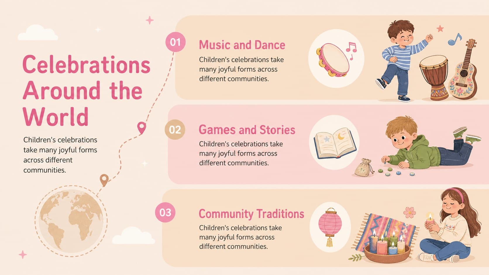 Global childhood traditions slideshow with three cultural celebration examples and pastel illustrations.