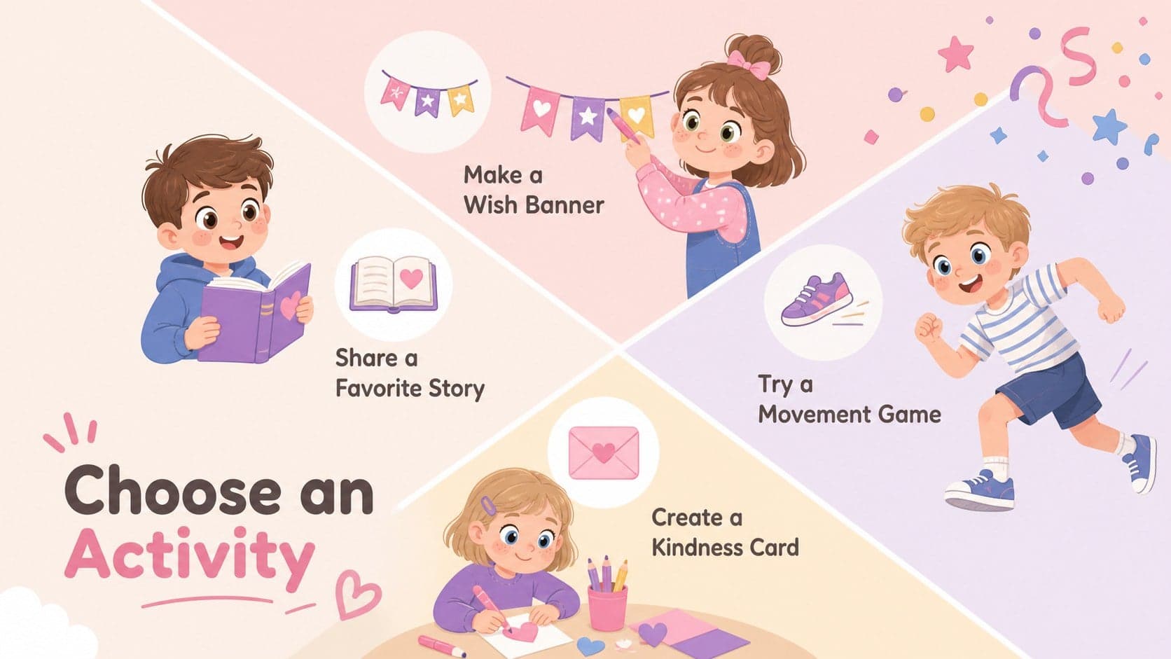 Children's Day activities slide deck page listing art, story, movement, and kindness stations.