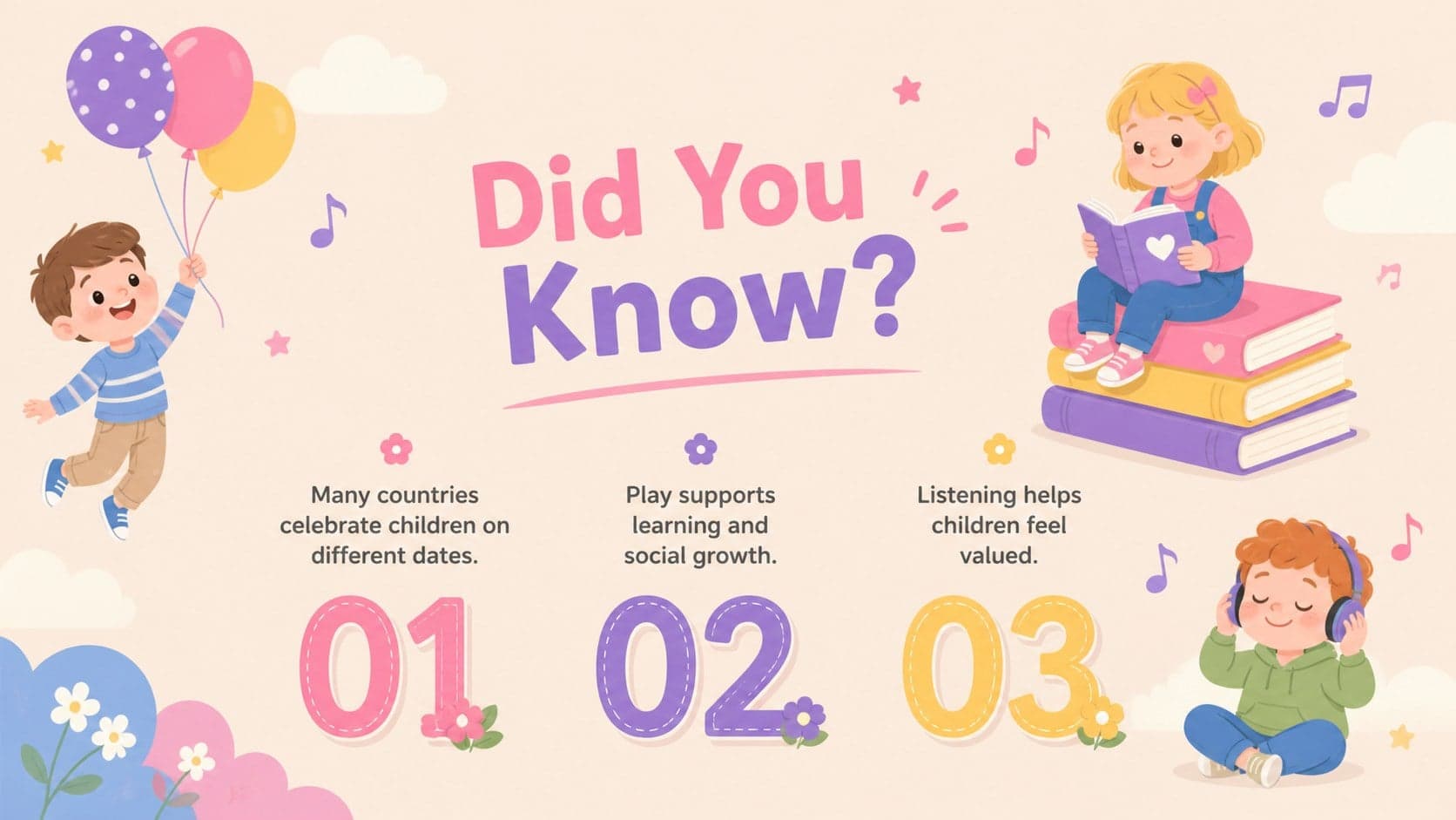 Kids celebration PowerPoint template slide presenting three child-friendly facts with colorful pastel graphics.