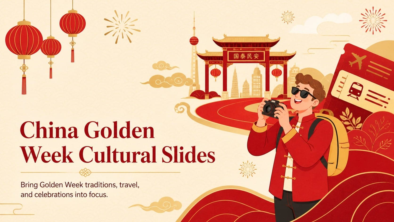 Cover for China Golden Week cultural slides with festive red-and-gold illustrations and a clean editorial title layout.