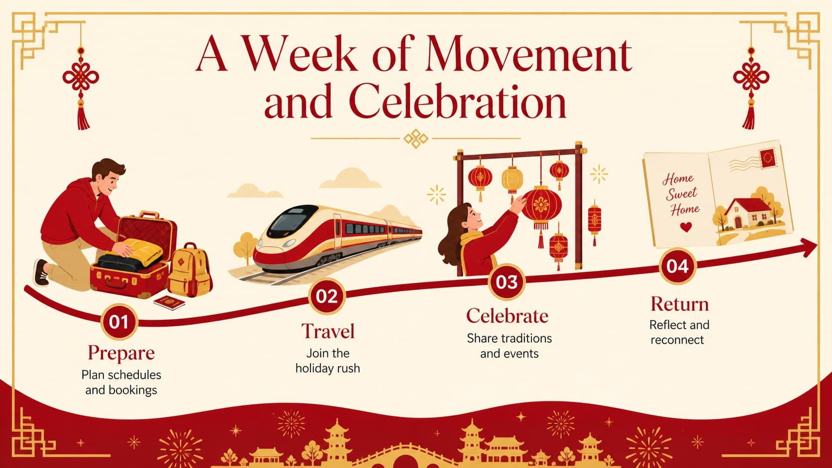 Illustrated Chinese holiday lesson timeline showing preparation, travel, celebration, and return stages during Golden Week.