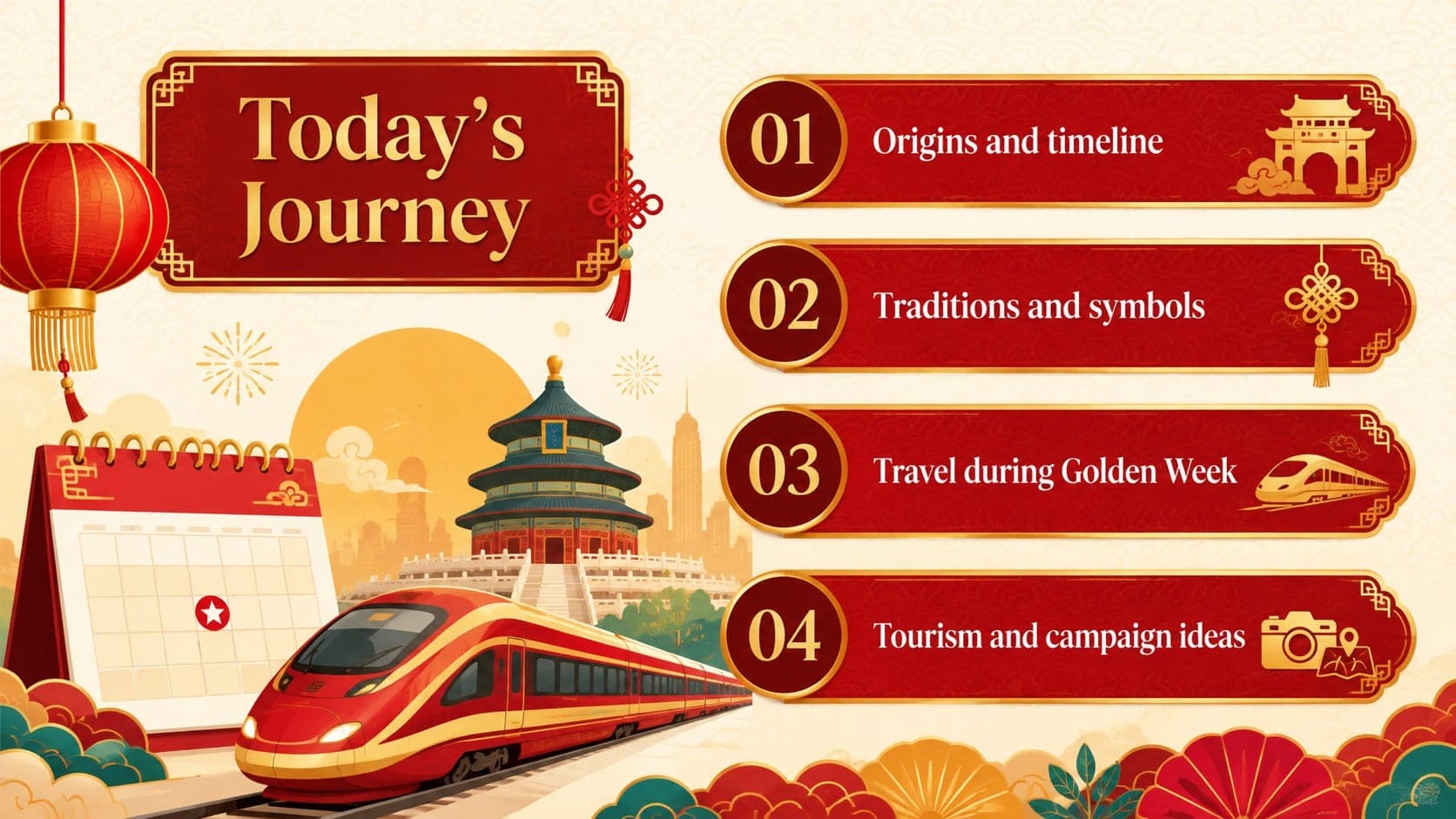 Agenda slide outlining history, traditions, travel, and tourism topics for a China National Day presentation.