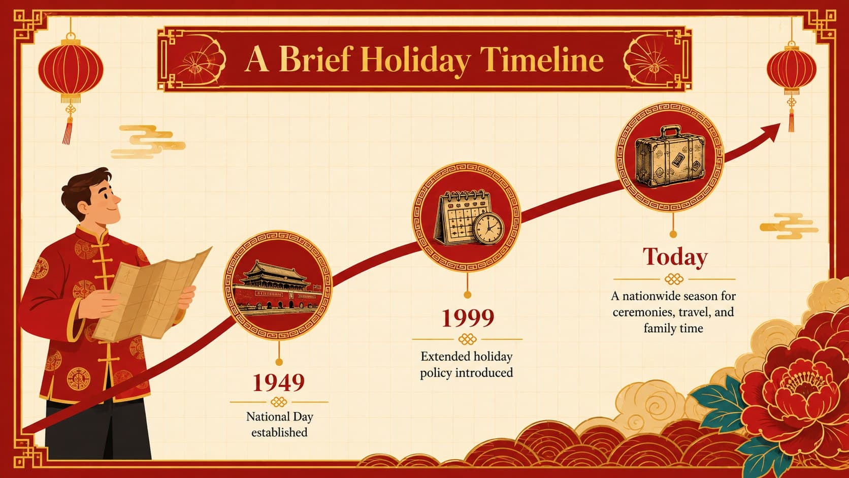 National Day holiday history slide with a red and gold chronological timeline.