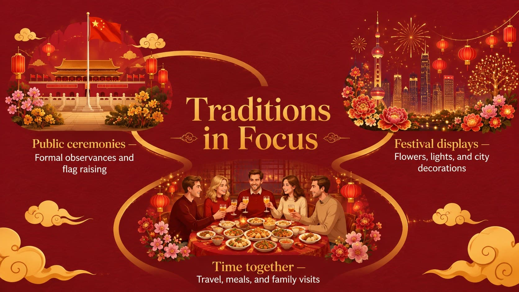 Red and gold China culture deck slide presenting National Day traditions and symbols.