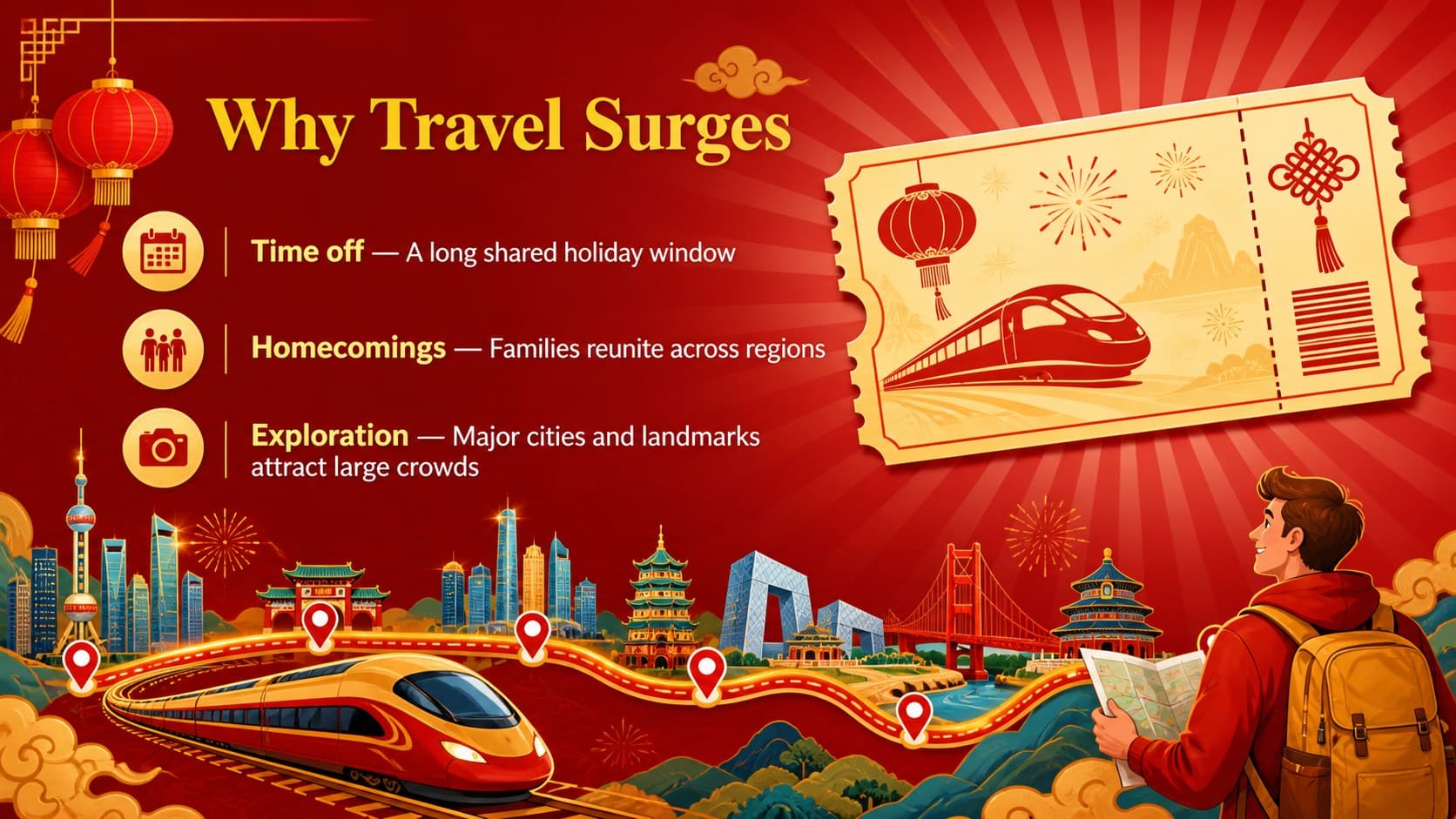 Chinese Golden Week travel slide featuring transport icons and visitor planning notes.