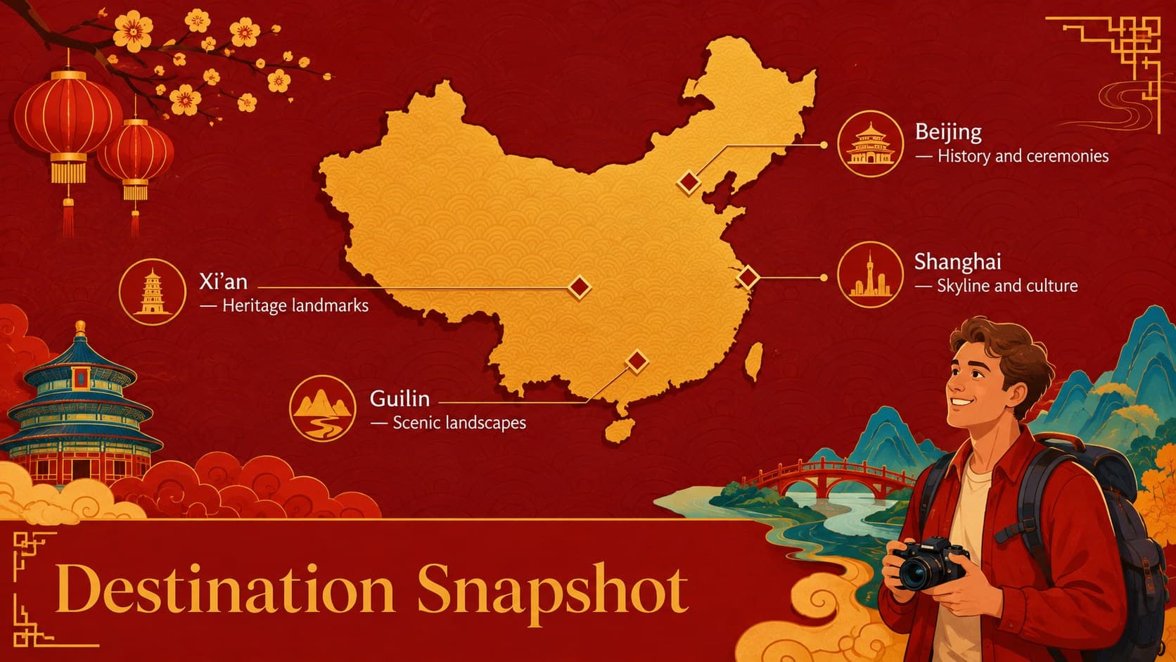 China tourism campaign presentation slide mapping destinations for a Golden Week itinerary.