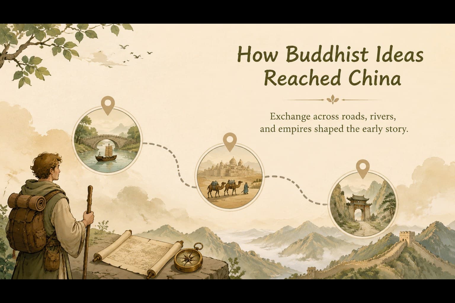 Introductory slide explaining the arrival of Buddhism in China for a history lesson.