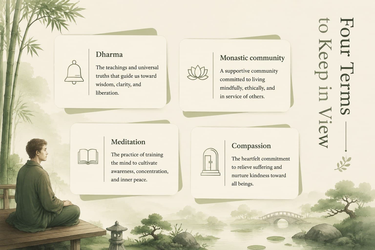 Key terms slide defining vocabulary for a Buddhism in Chinese history lesson.