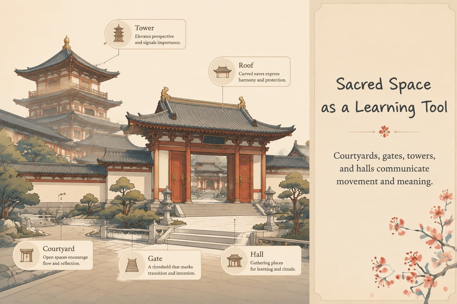 Illustrated slide about Buddhist architecture and sacred spaces in China.
