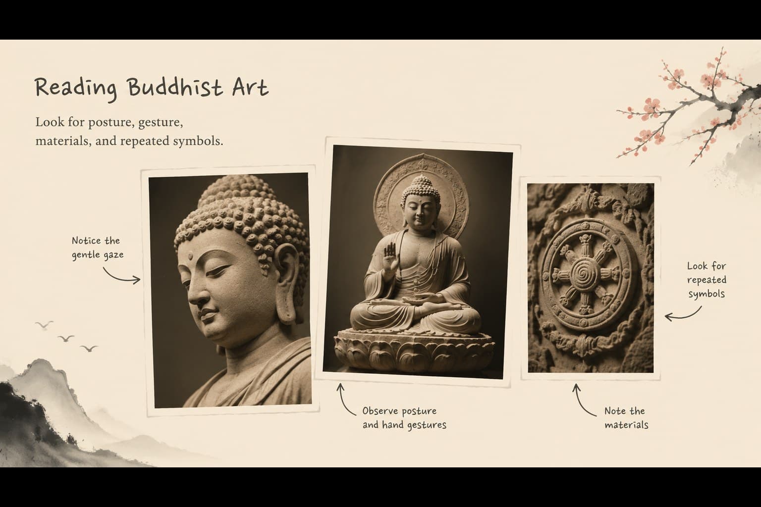 Image-led slide exploring Buddhist art history through sculpture, manuscripts, and symbols.