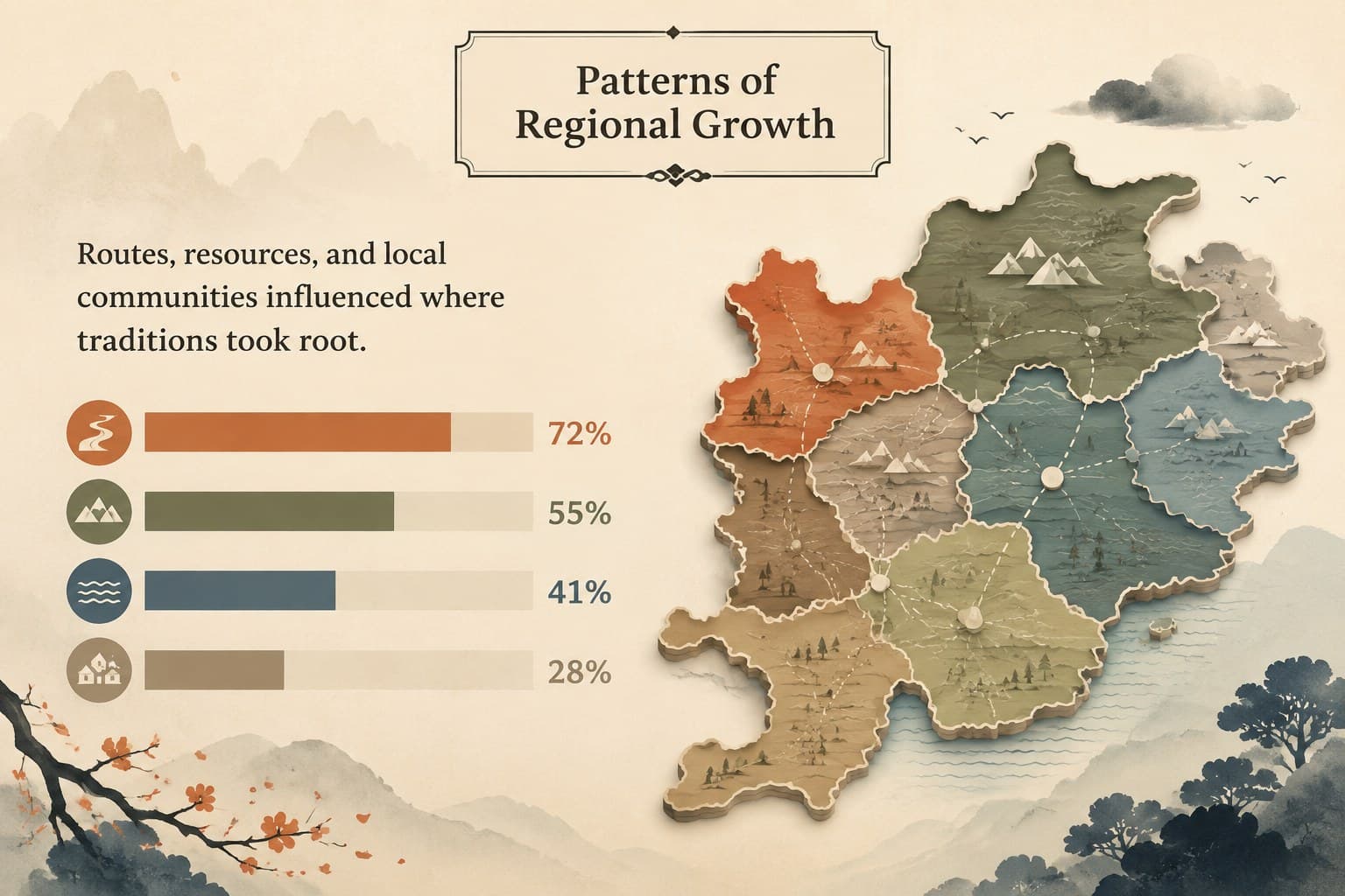 Data-style slide organizing the spread of Buddhist communities across regions of China.