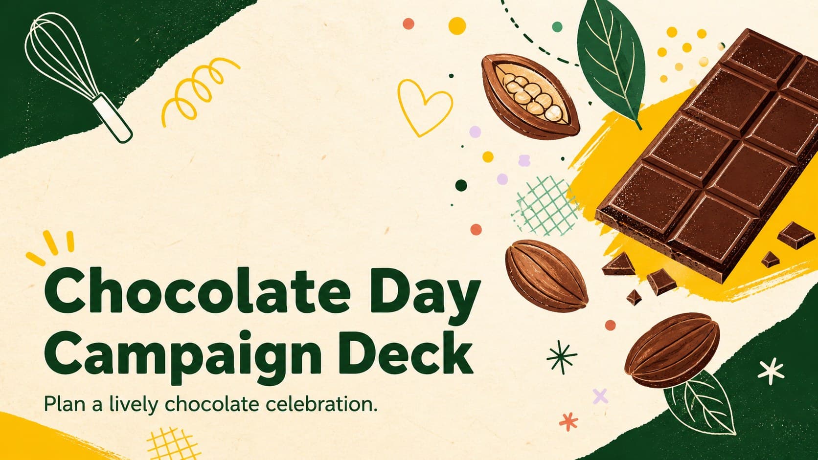 Cover of a Chocolate Day Campaign Deck with playful chocolate doodles in green, yellow, cream, and colorful accents.