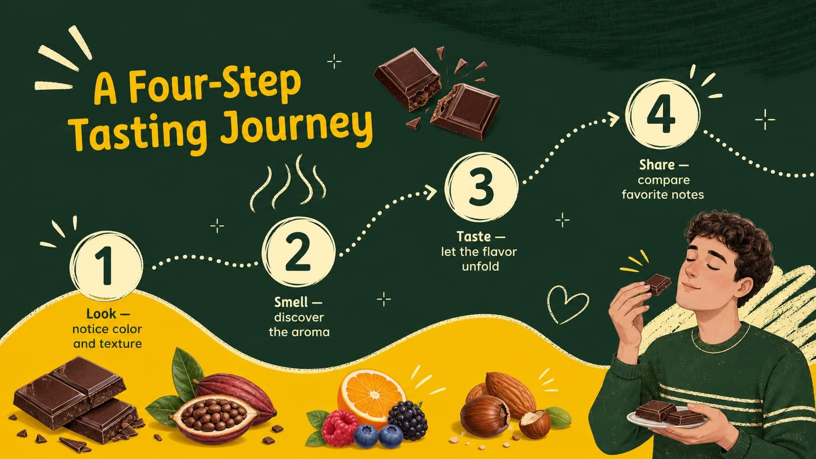 Chocolate tasting event slide showing a four-step flavor journey in a colorful illustrated layout.