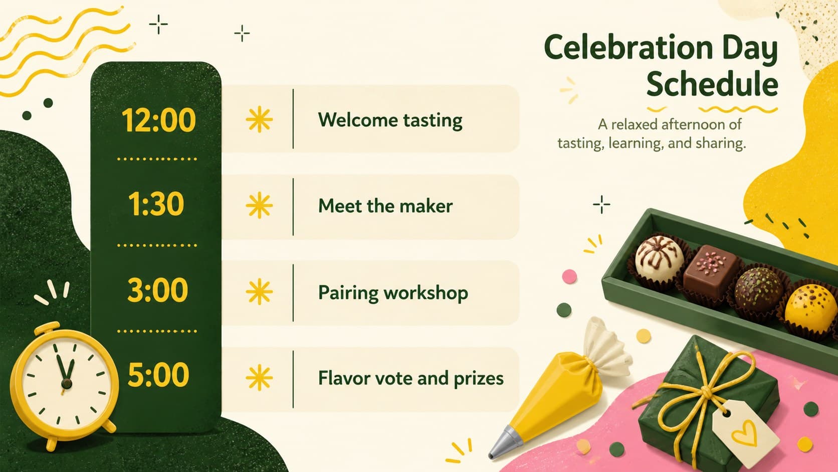 Chocolate festival presentation template slide with an afternoon event schedule and tasting activities.