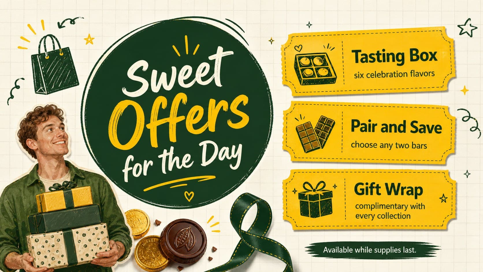 Bakery promotion slide featuring three Chocolate Day offers in a playful green-and-yellow design.