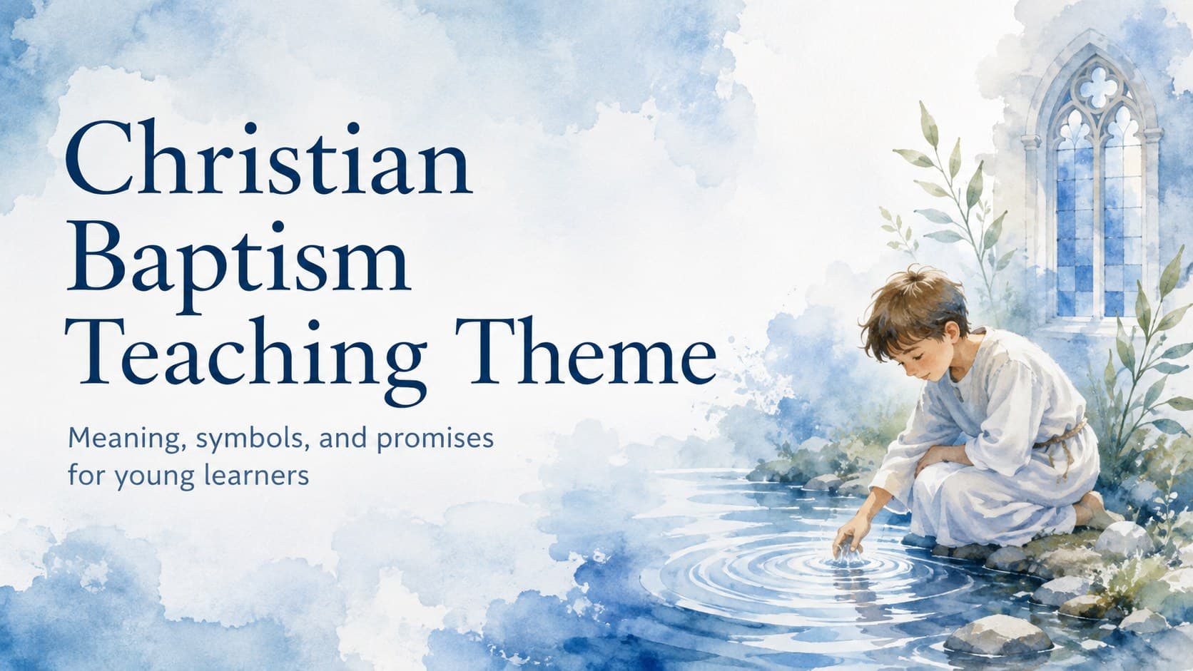 Cover of the Christian Baptism Teaching Theme with soft blue watercolor faith imagery for young learners.
