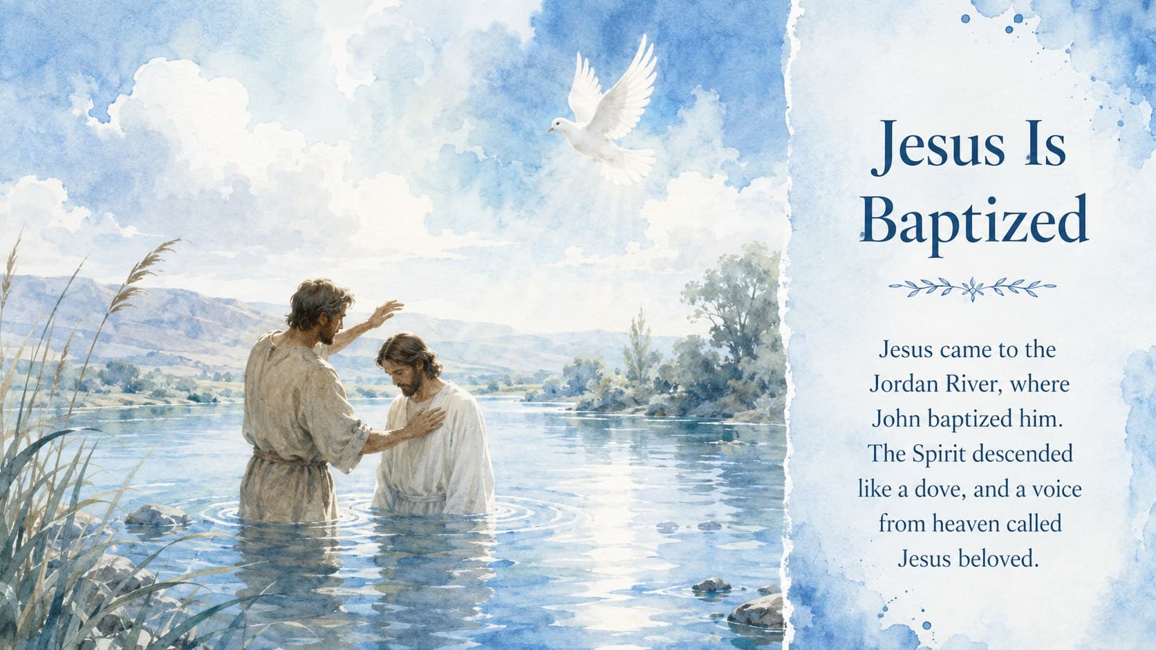 Children's Christian education slide recounting the baptism of Jesus in the Jordan River.