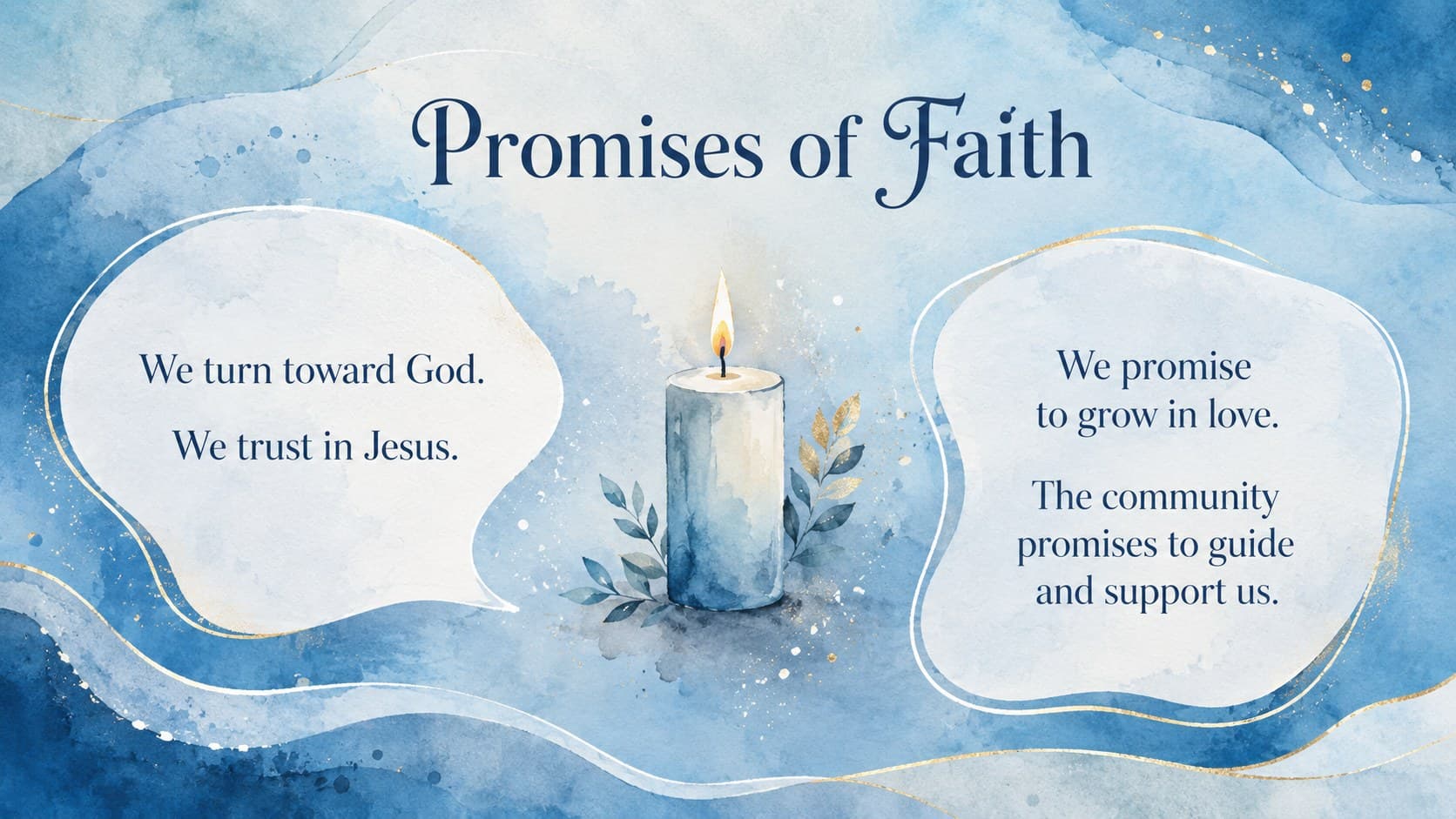 Faith formation slide explaining baptismal promises through child-friendly questions and responses.