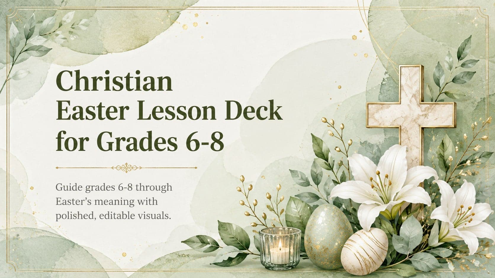 Cover of a Christian Easter lesson deck with elegant gold-and-green watercolor details for grades 6-8.