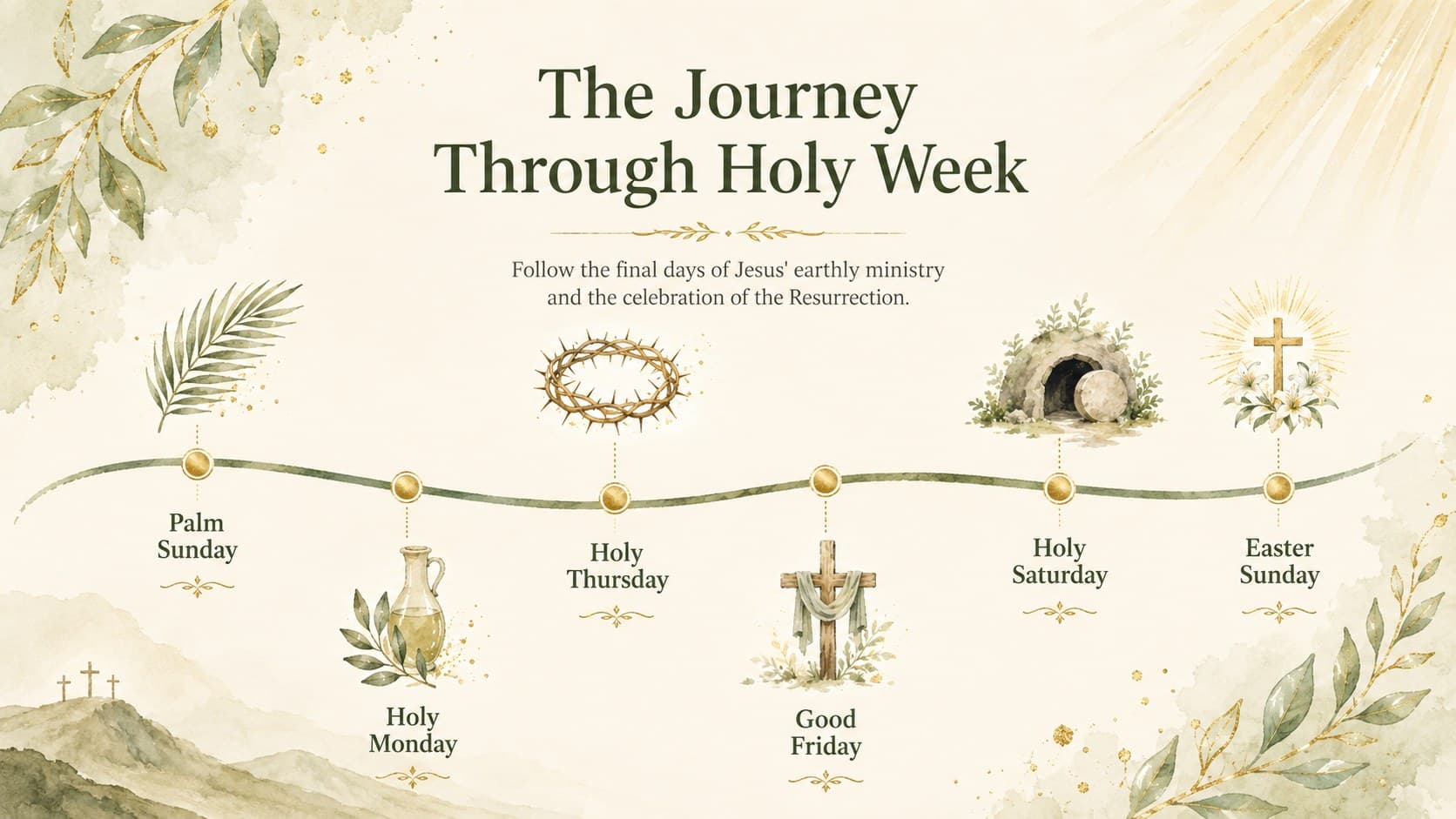 Holy Week classroom timeline showing Palm Sunday through Easter Sunday in a gold-and-green layout.