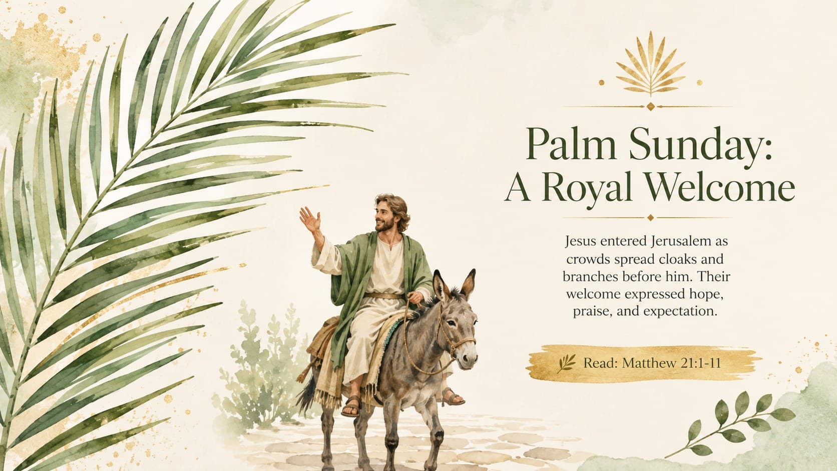 Palm Sunday lesson slide featuring palm branches and a concise explanation for Christian Easter students.