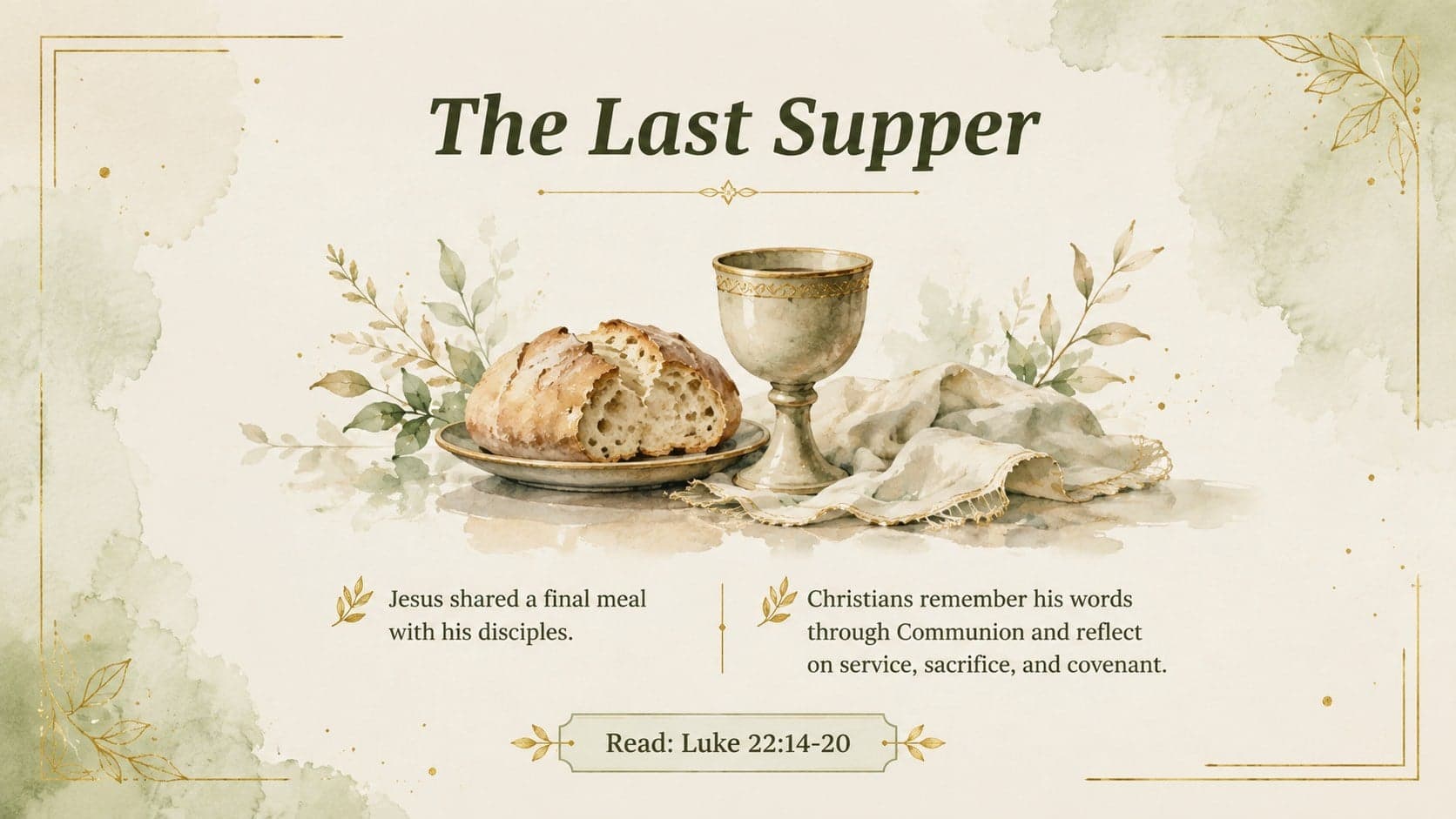 Last Supper teaching slide with bread and cup illustrations for a middle school Christian Easter lesson.