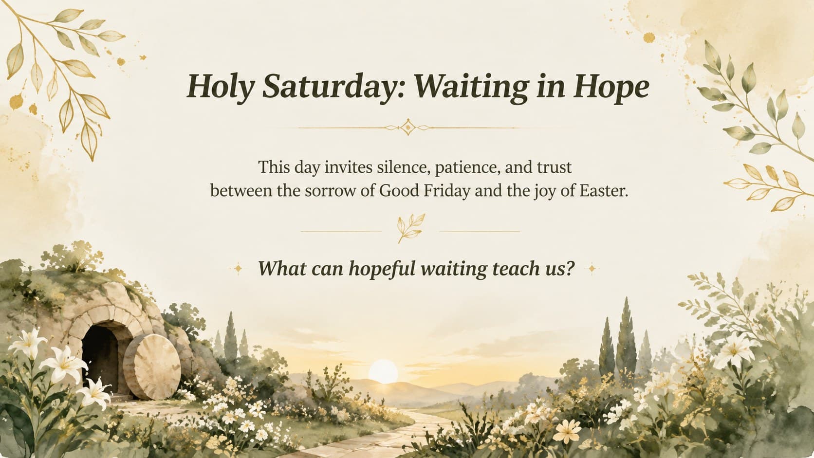 Holy Saturday reflection slide with a quiet garden illustration in an elegant gold-and-green Easter deck.