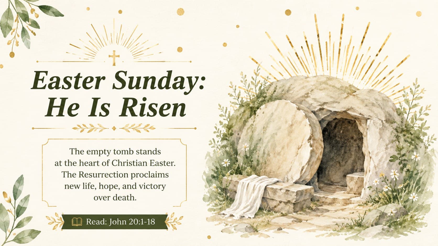 Resurrection lesson slide for students with a bright empty-tomb illustration and key Christian message.