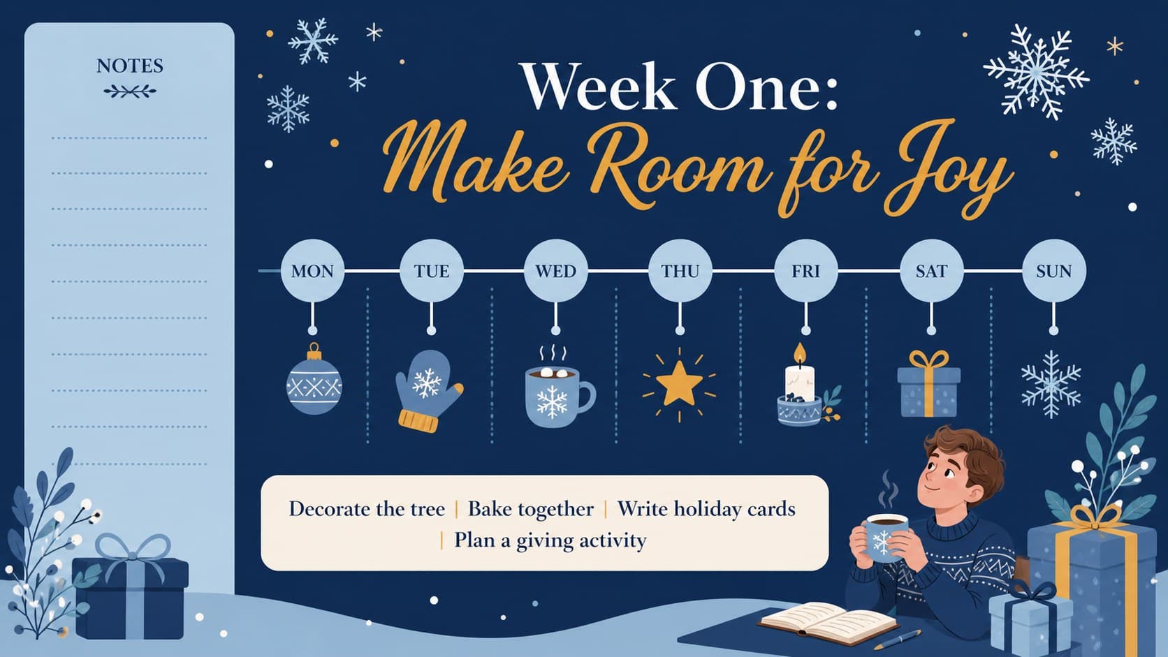 Green holiday countdown schedule slide for organizing daily Christmas activities.