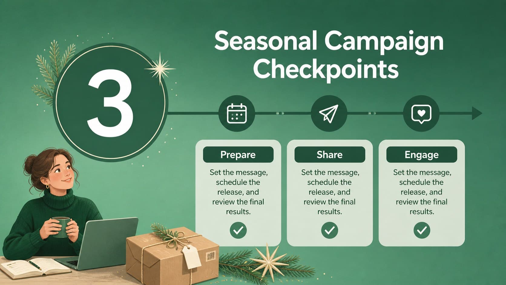 Seasonal campaign countdown slide showing Christmas milestones in a green planner layout.