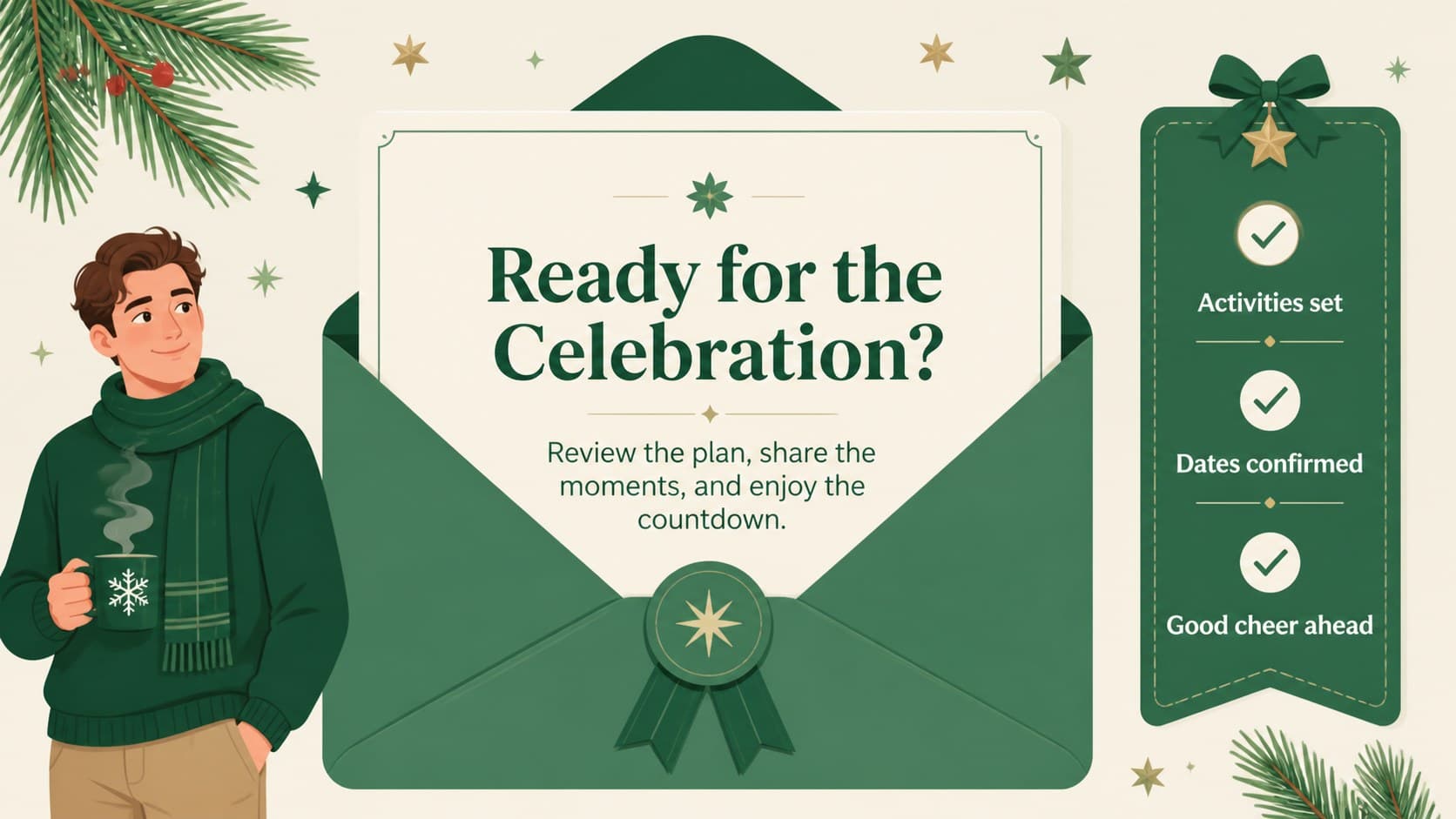 Christmas planning closing slide with a green illustrated checklist and celebration message.
