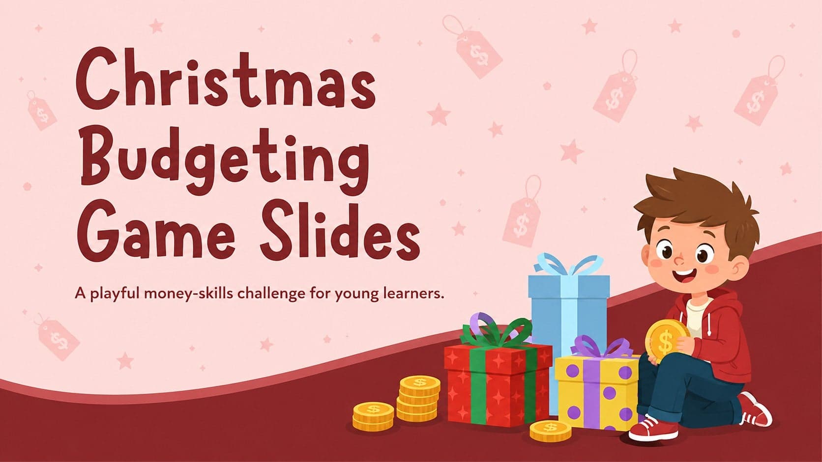 Cover for Christmas budgeting game slides with festive gift illustrations and a playful pink and red classroom design.