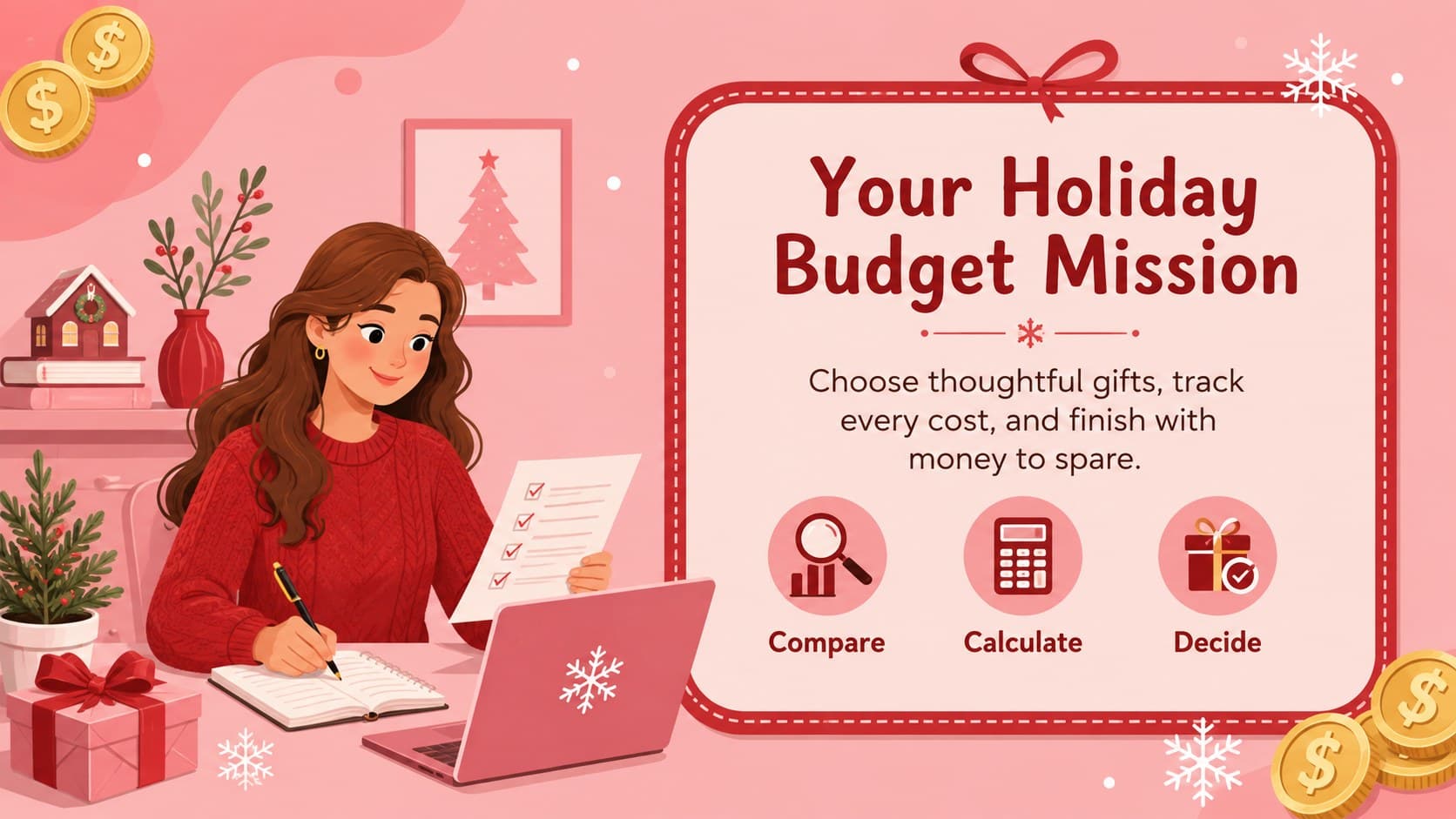 Festive mission briefing slide introducing a holiday money lesson for elementary students.