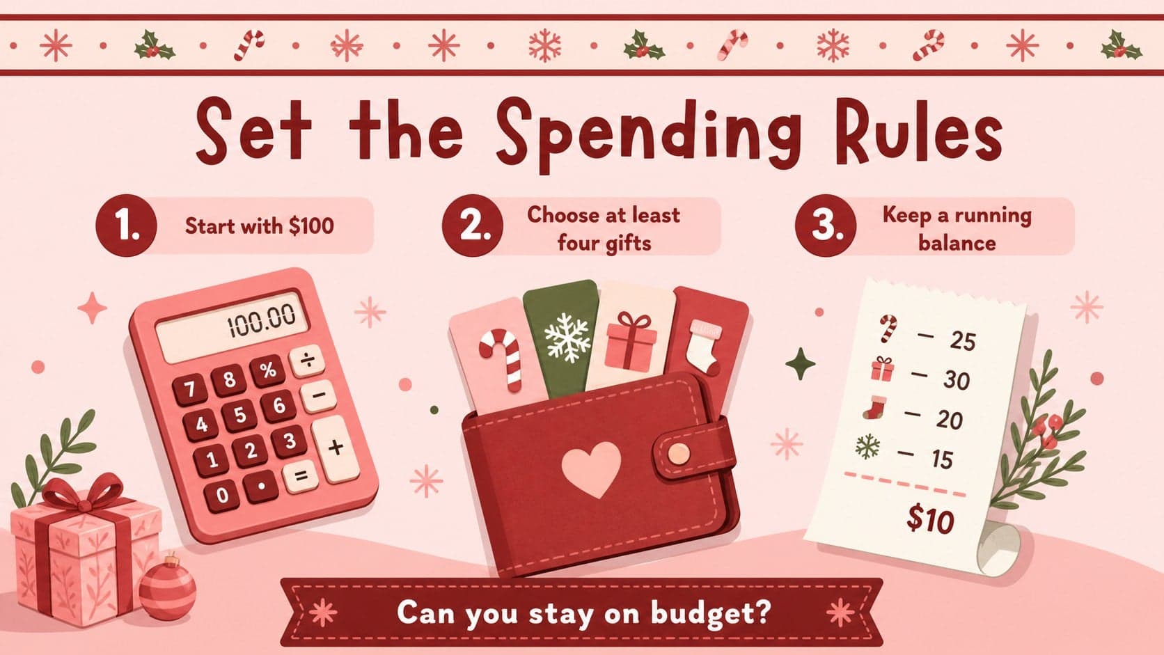 Christmas shopping math activity slide explaining the spending limit and budgeting rules.