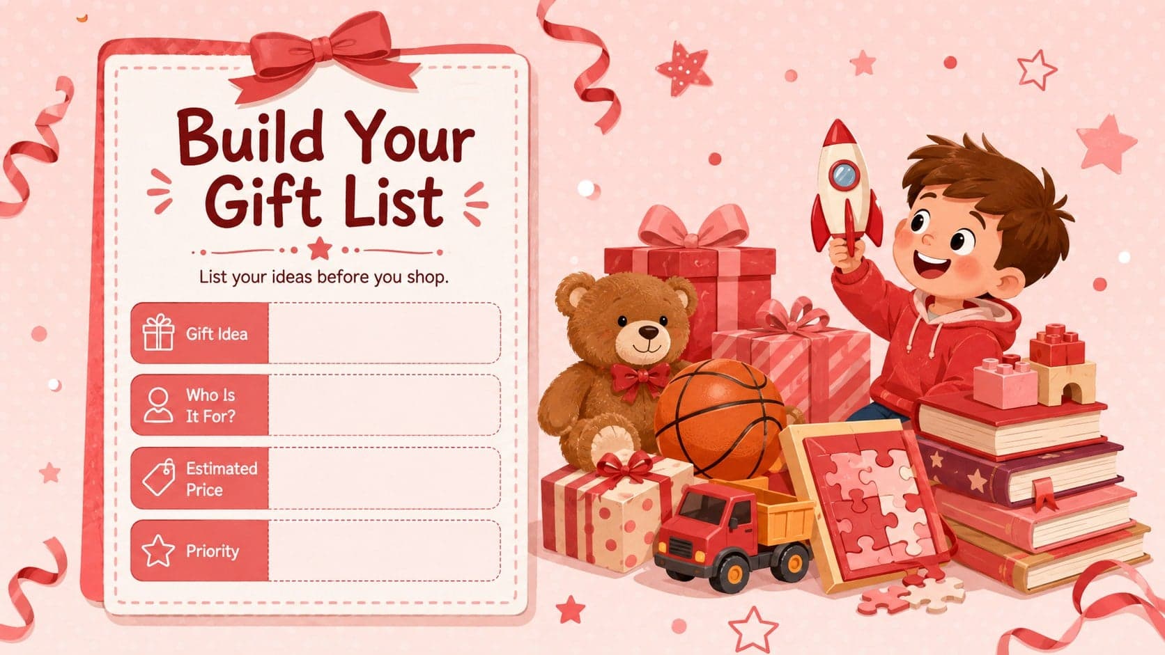 Illustrated Christmas wish-list planner for organizing gift ideas and estimated prices.