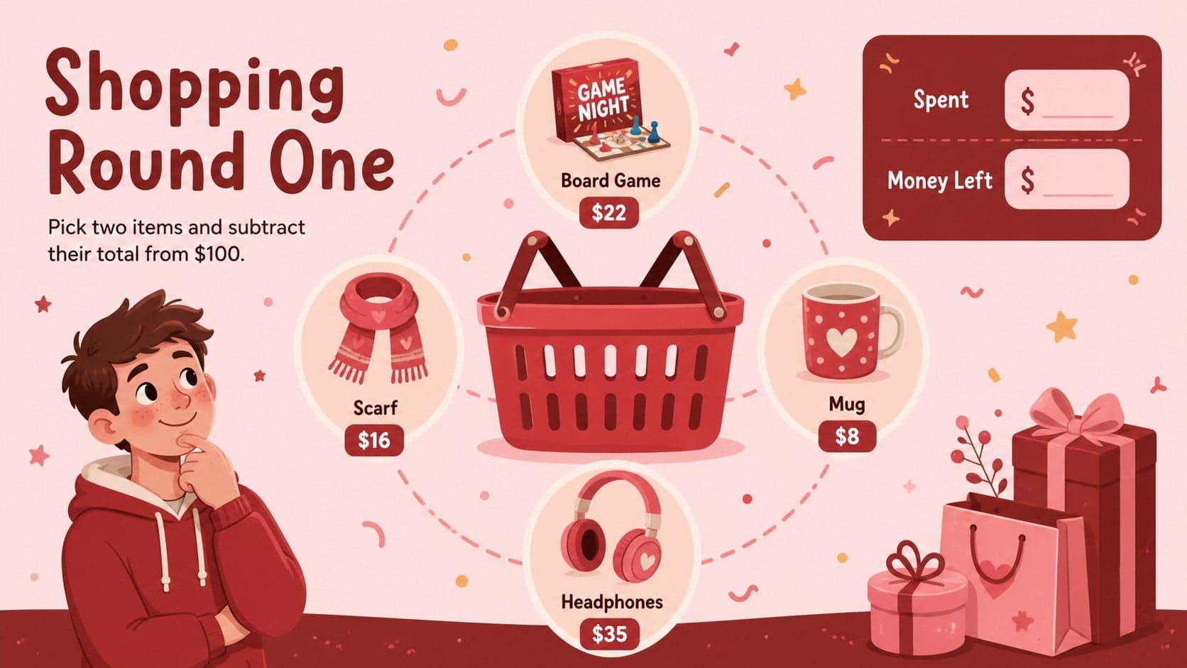 Interactive classroom budgeting exercise with a festive shopping basket and running balance.
