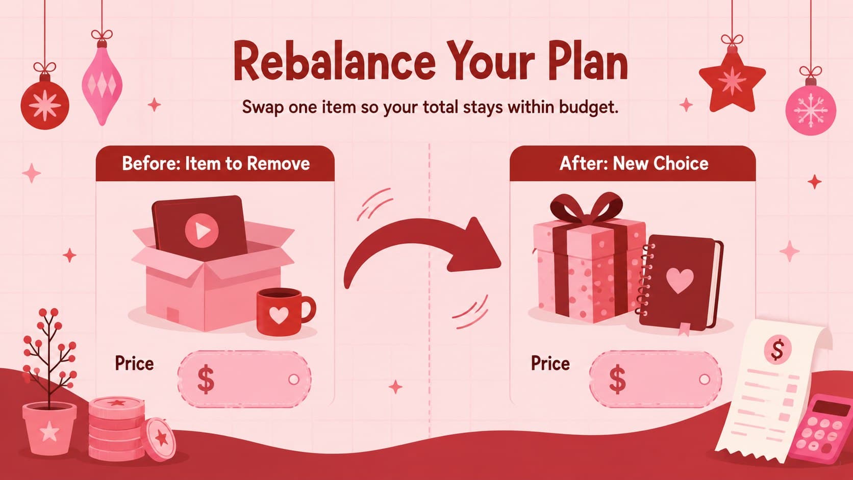Elementary Christmas budget activity for swapping purchases and rebalancing spending.