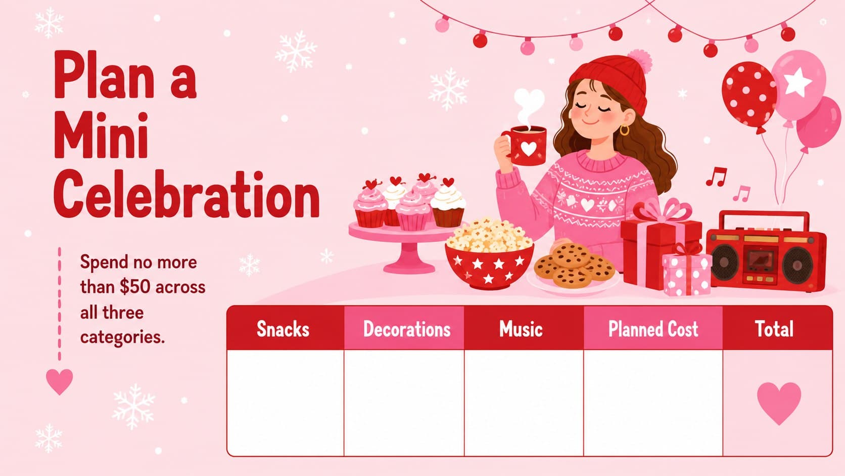 Festive financial literacy presentation slide for planning a small class celebration budget.