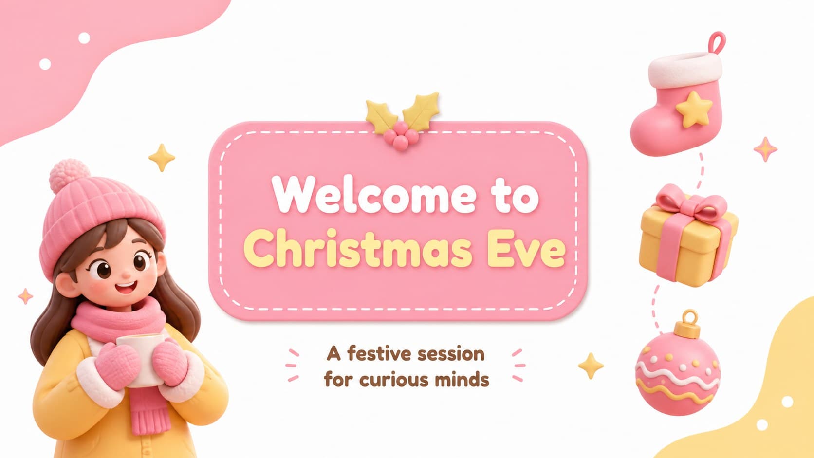 Christmas classroom presentation slide introducing a festive learning session with playful pastel illustrations.