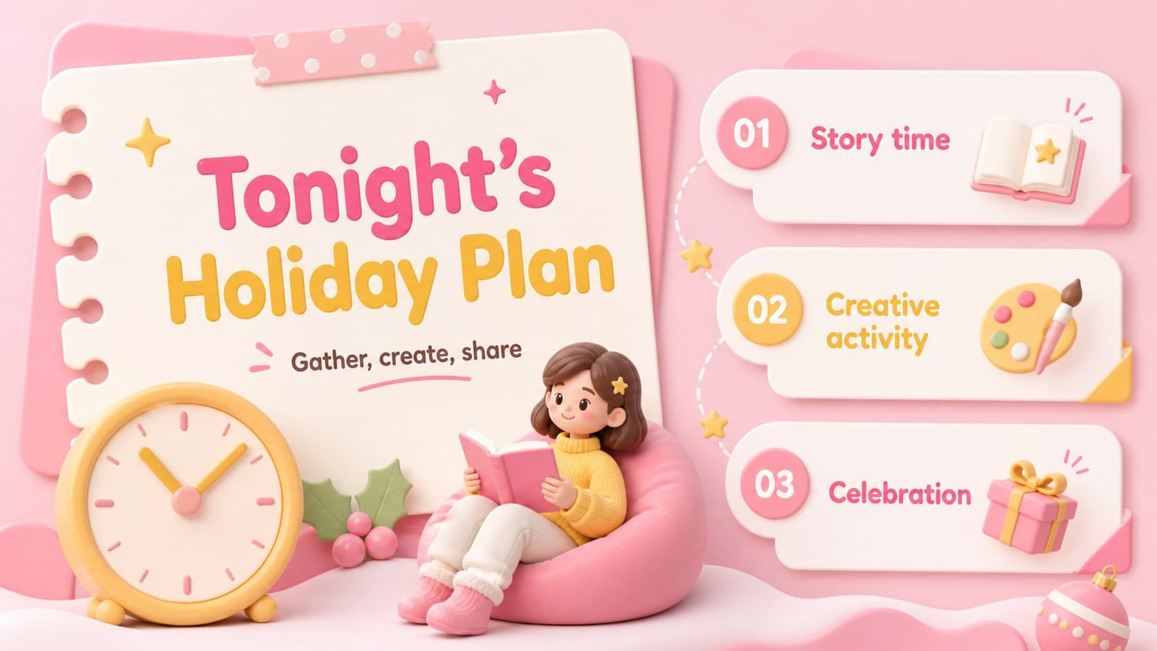 Pastel holiday lesson slide showing a simple Christmas Eve schedule for children.