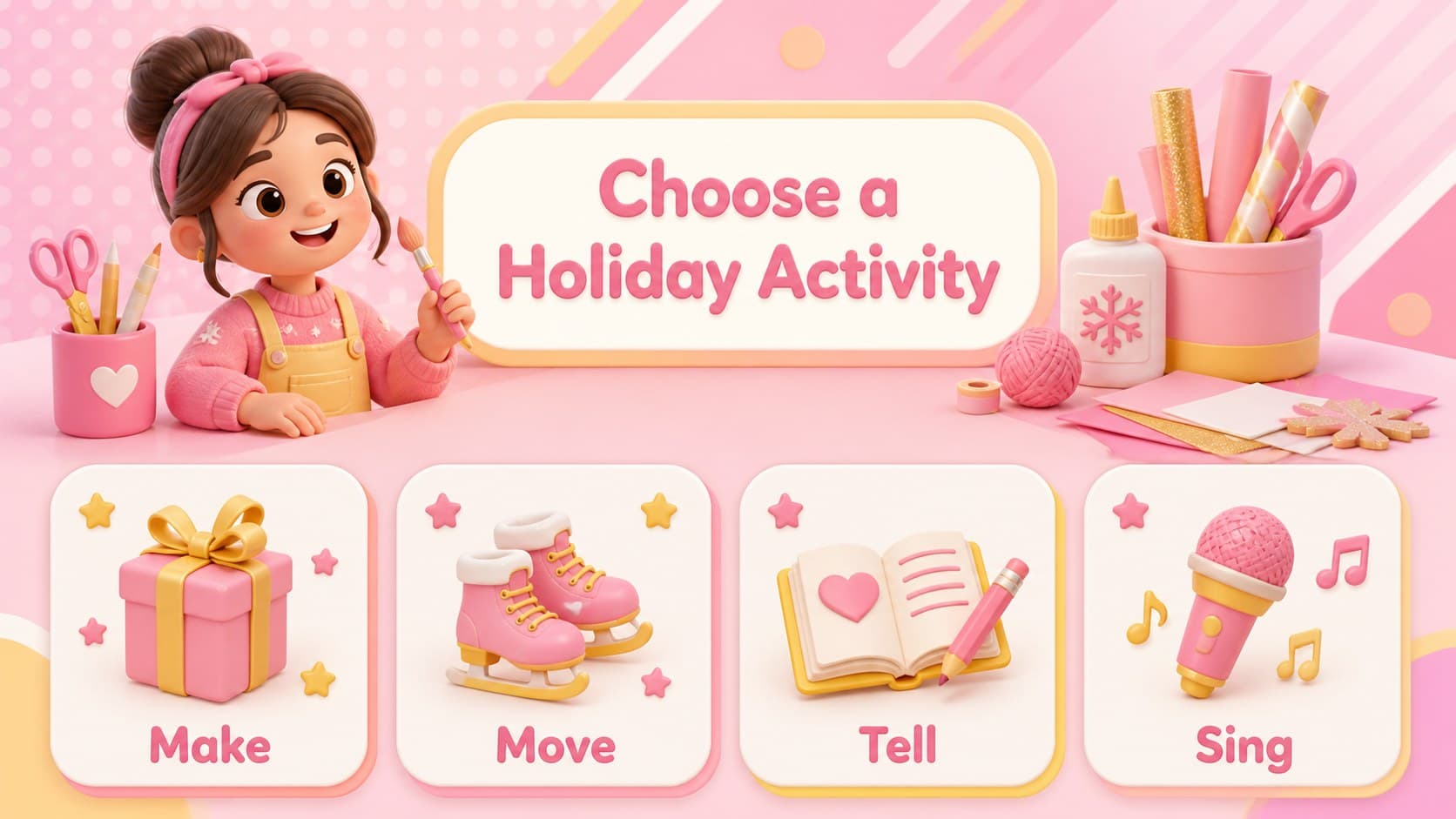 Kids Christmas party presentation slide with illustrated activity choices in a bright pastel layout.