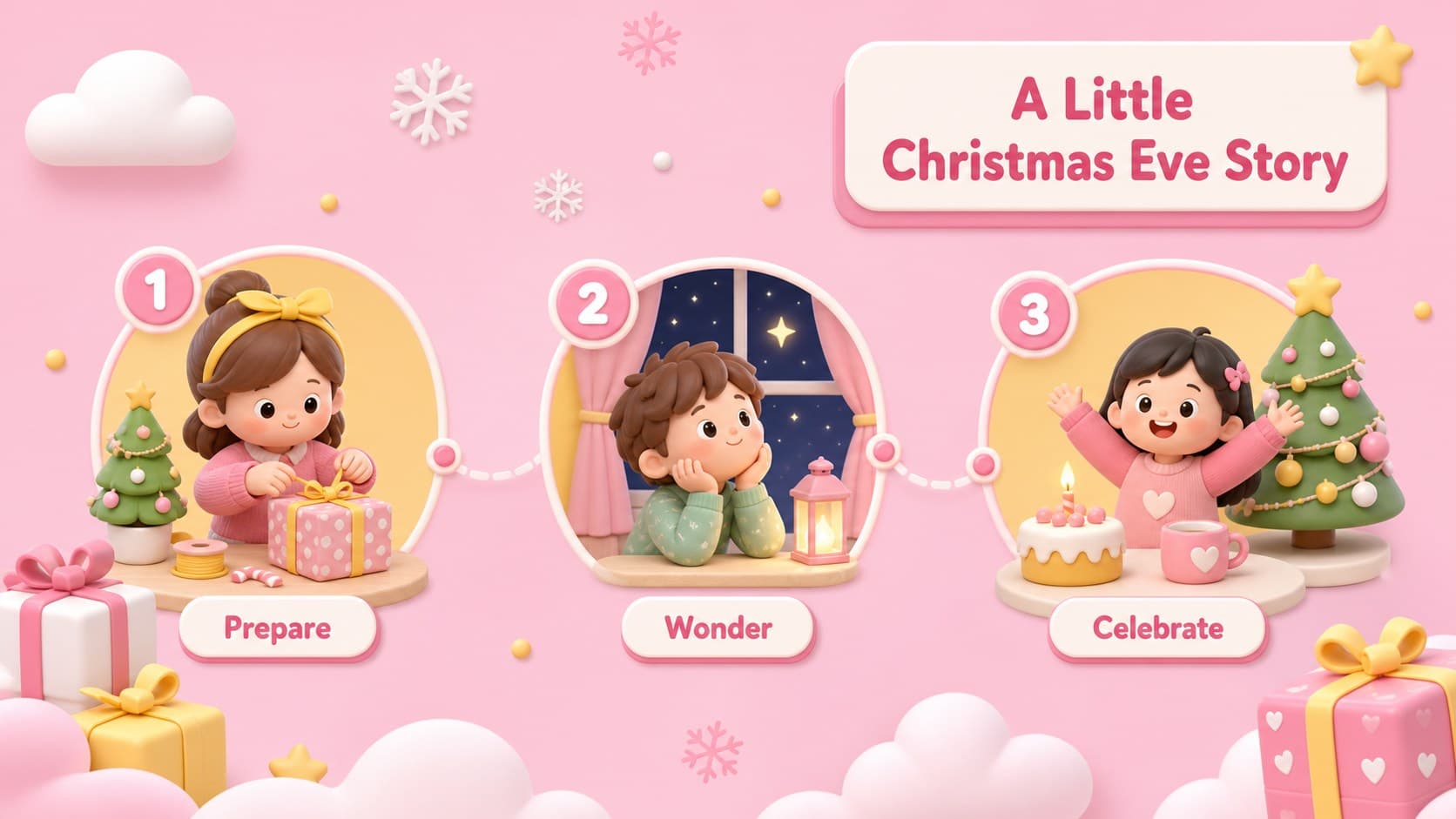 Child-friendly holiday workshop deck slide showing a simple Christmas Eve story sequence.