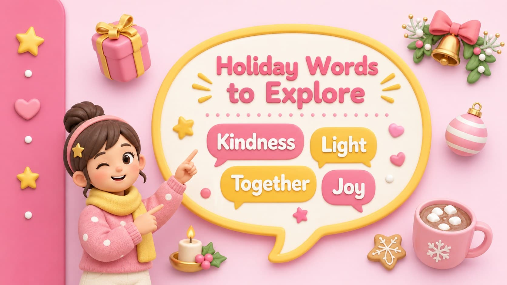 Pastel Christmas classroom presentation slide displaying a visual holiday vocabulary activity.