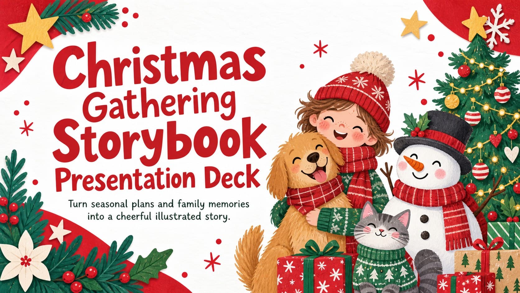Cover of a Christmas gathering presentation deck with playful storybook holiday illustrations in red and white.