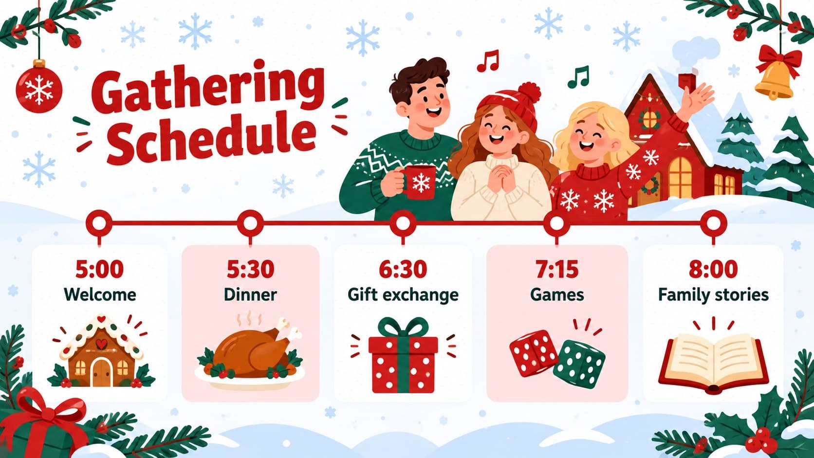 Christmas activity schedule slide with a clear illustrated timeline for a holiday family gathering.