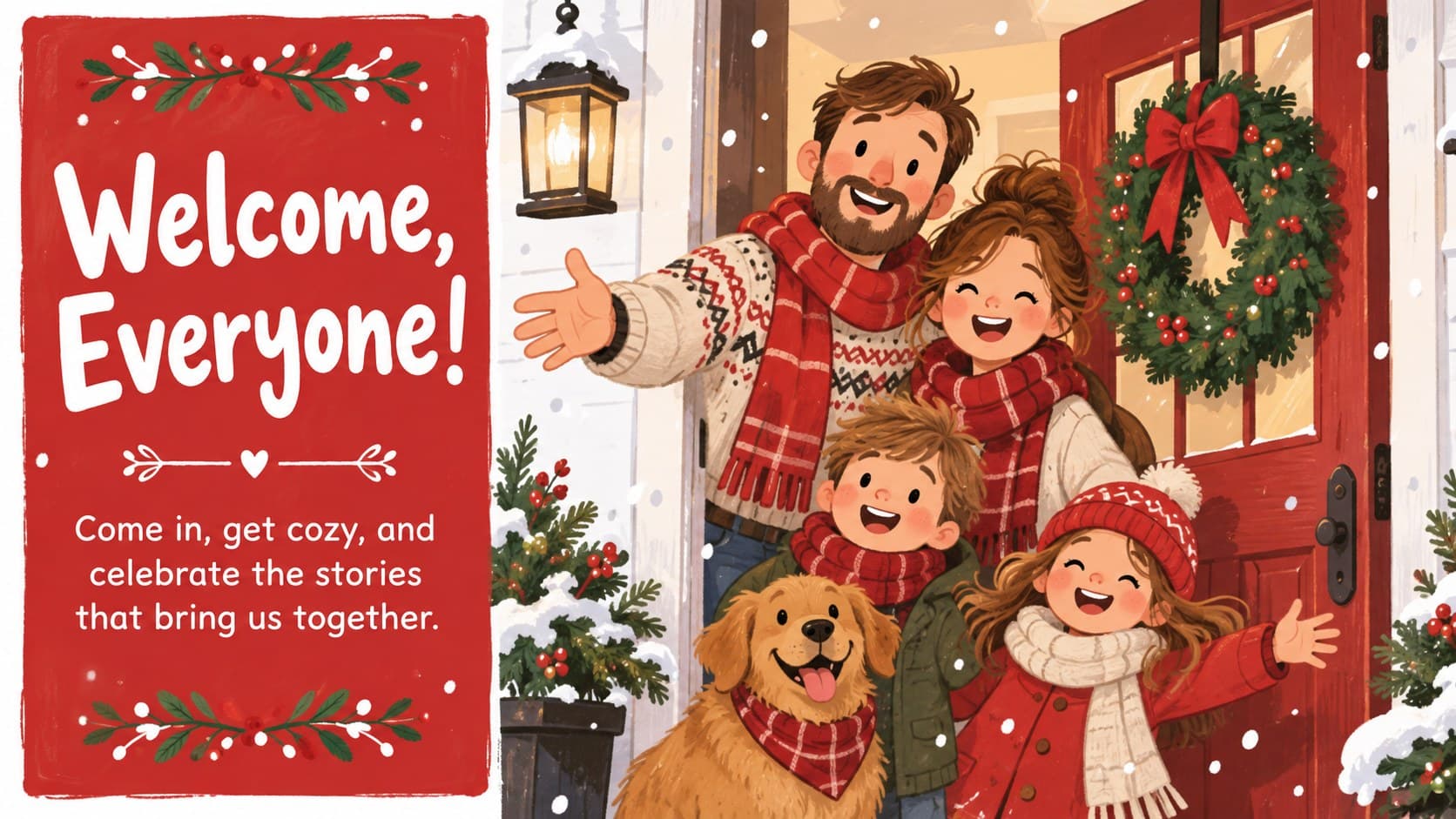 Holiday welcome slide showing an original illustrated family arriving for a cheerful Christmas gathering.