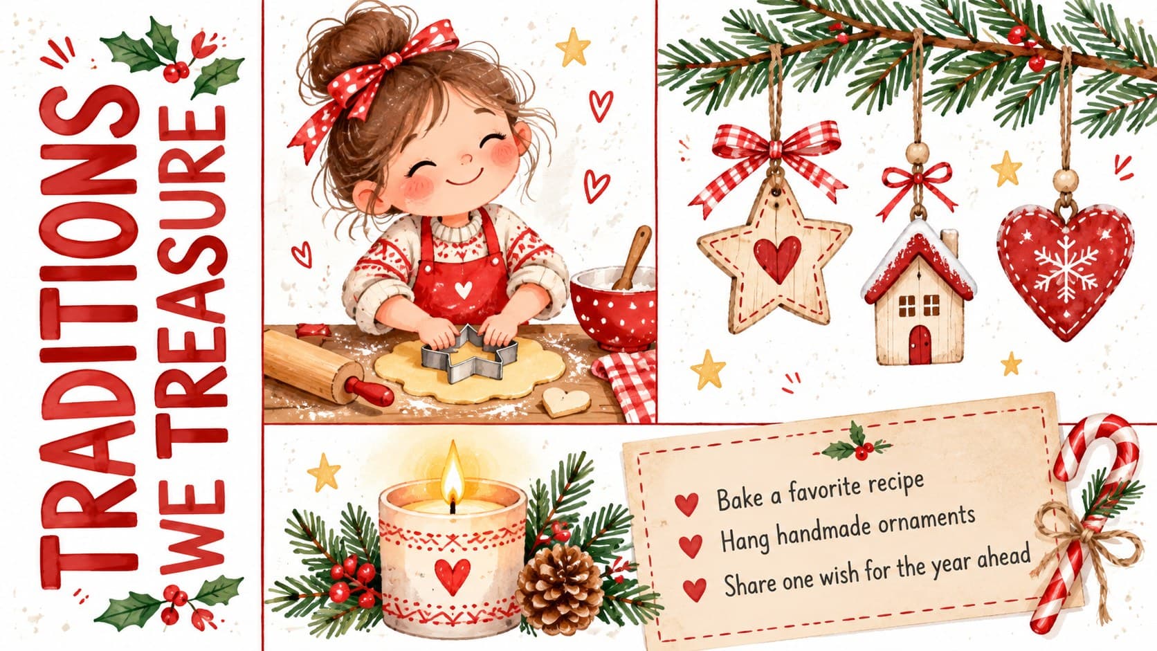 Family Christmas party slideshow page presenting three holiday traditions with storybook illustrations.
