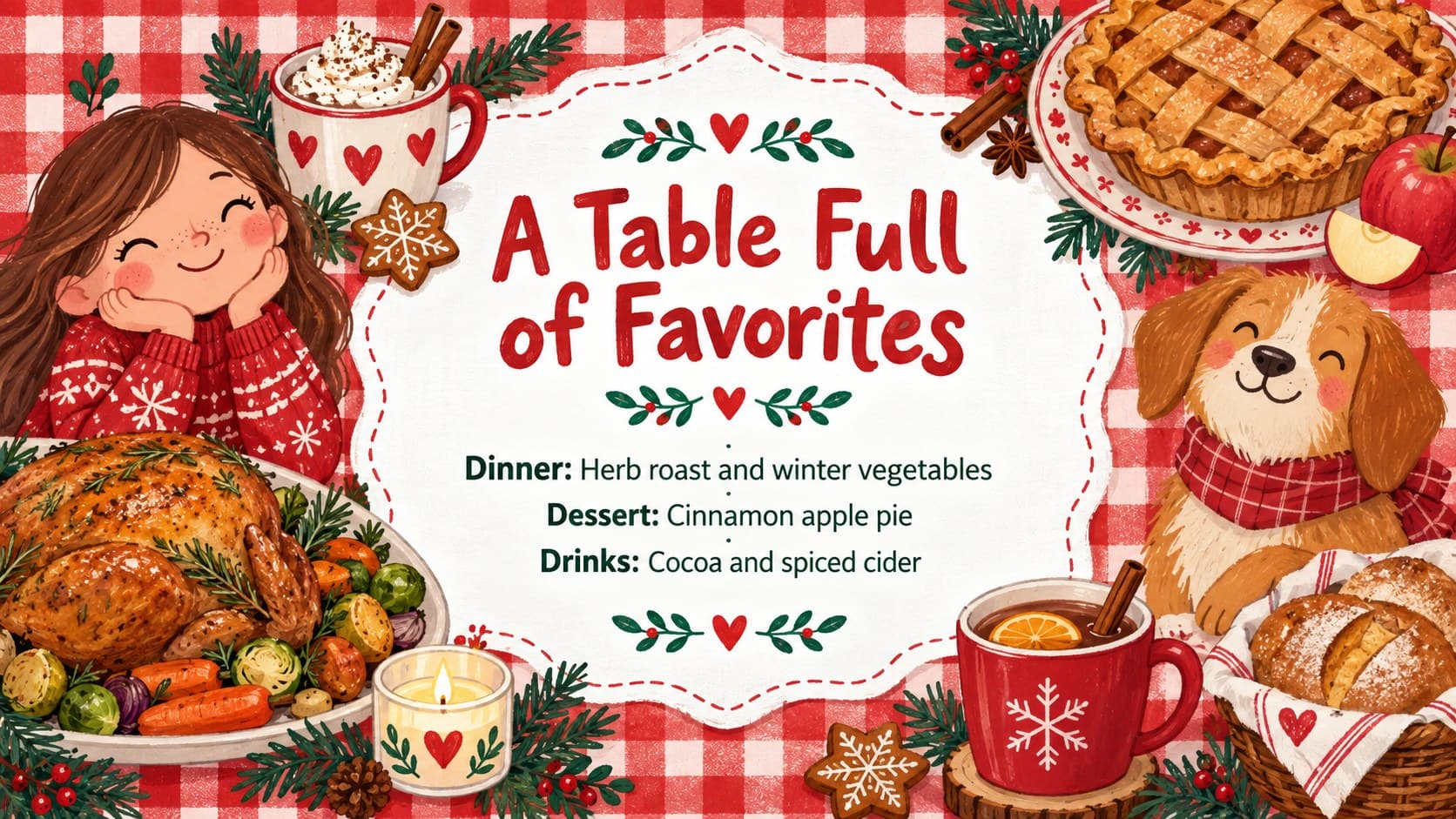 Red and white Christmas presentation menu slide listing dinner, dessert, and drink selections.