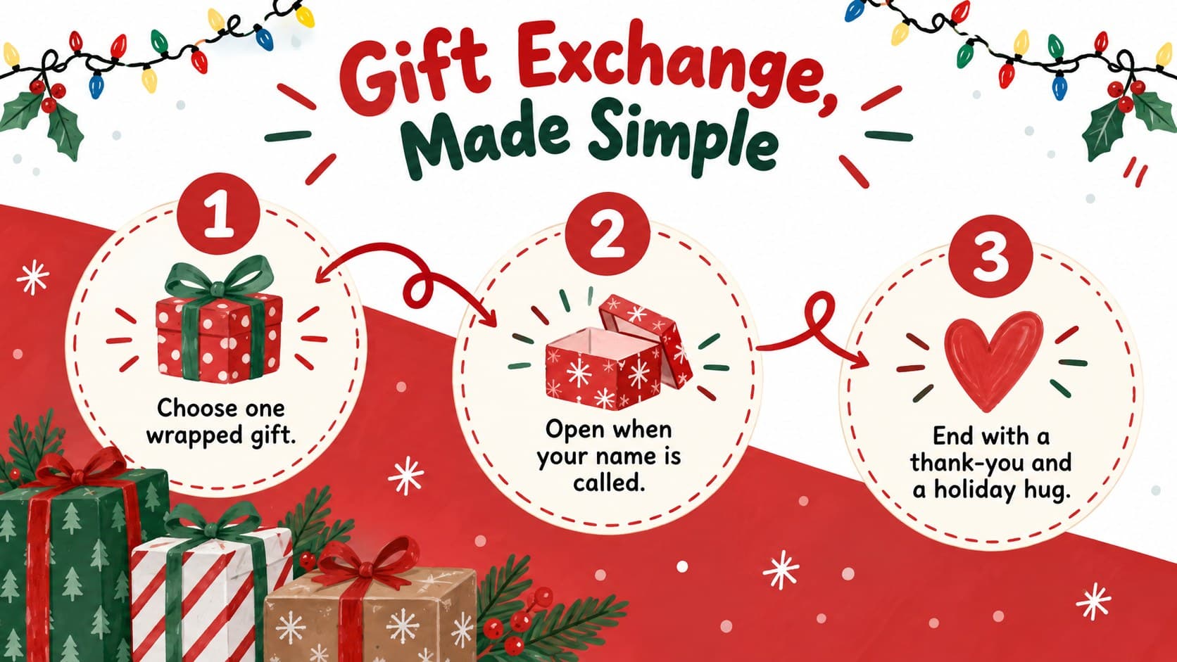 Illustrated holiday gathering deck slide explaining simple family gift exchange rules.