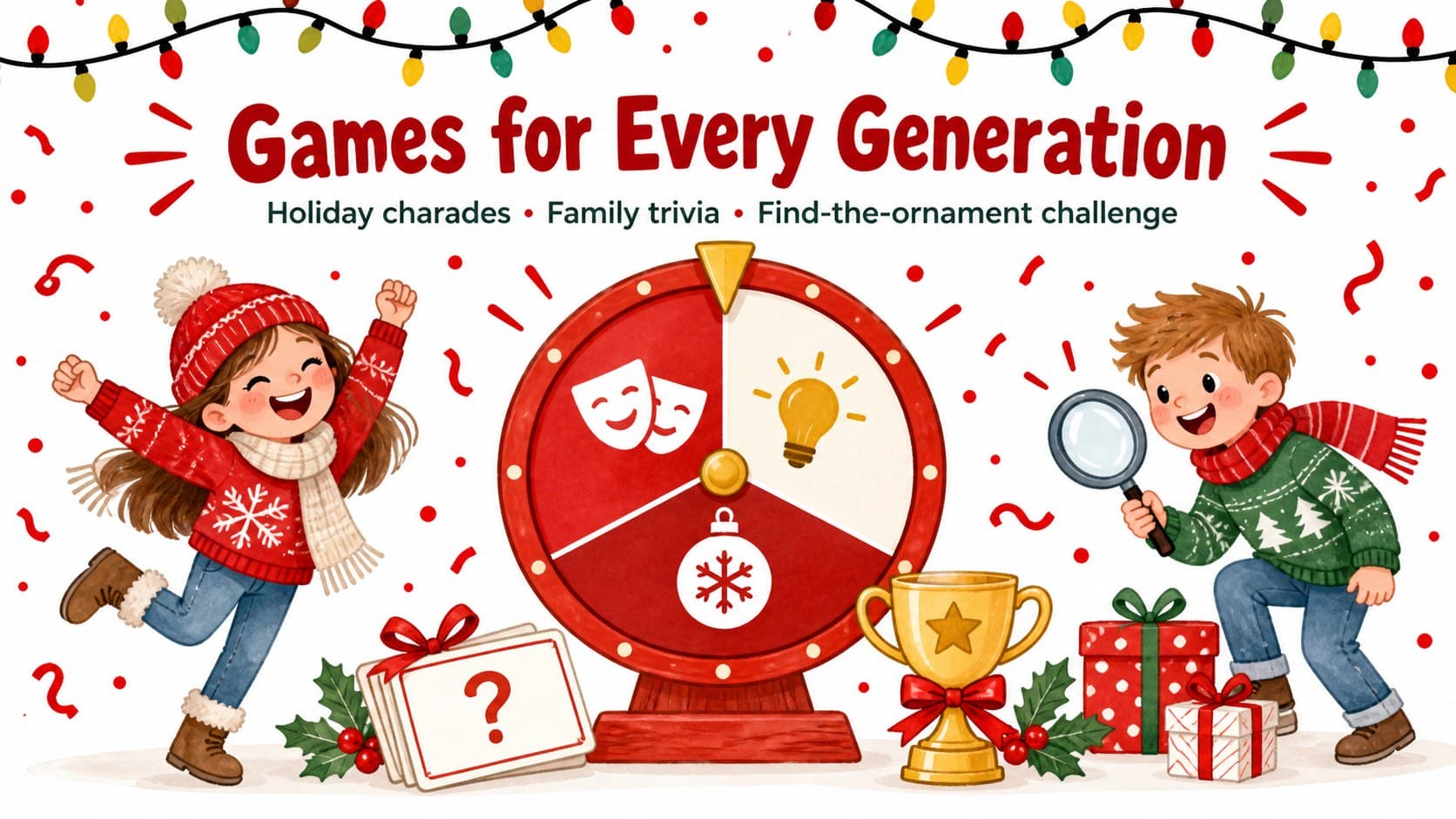 Christmas event planning slide featuring a playful list of charades, trivia, and scavenger hunt activities.